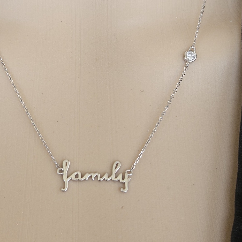925 Sterling Silver Necklace "Family" & Clear Rhinestone Dainty Minimalist - Picture 3 of 7